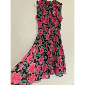 Hell Bunny Black Pink Floral Ruffle Neck Sleeveless Midi Dress Size S